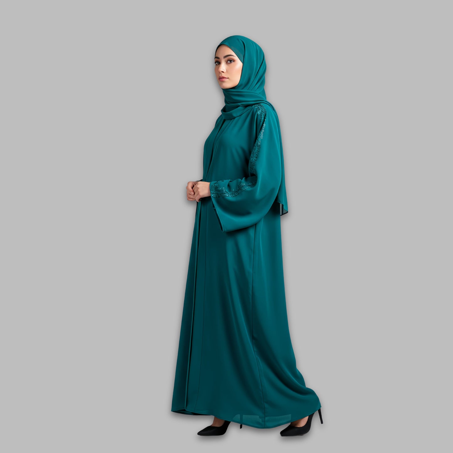 Areeba Teal Abaya – Serene Style with a Statement